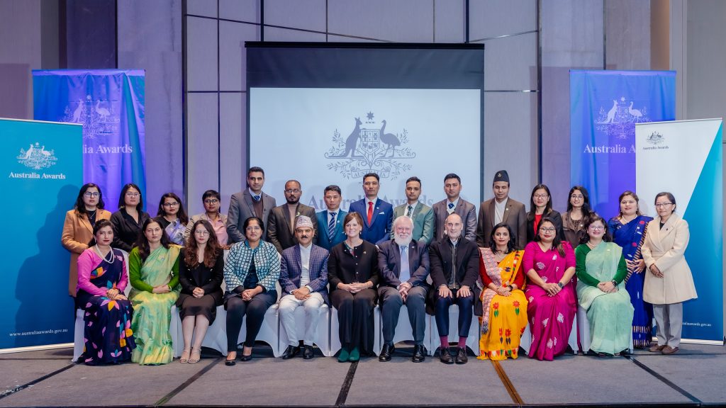 Sujitha (first row seated, far right), at the pre-departure briefing held in Nepal in 2023 before departing for Australia.
