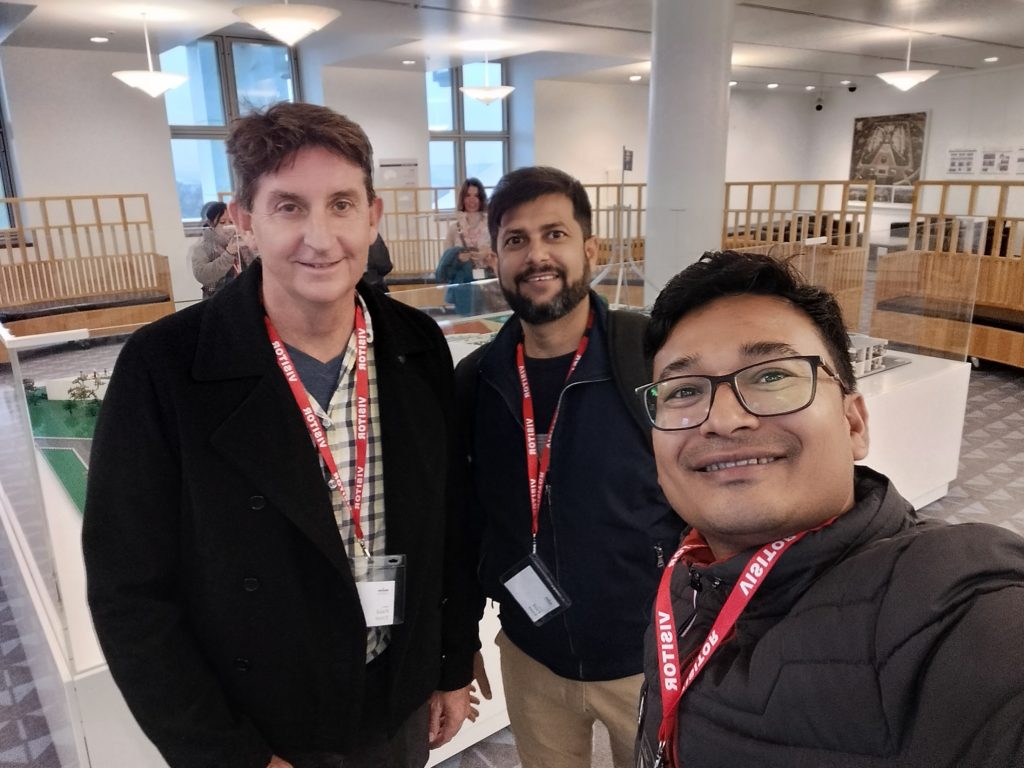 Melsan (right), Dr Robert Hales (left) and fellow Nepali participant Nilkantha Pandey (centre), photographed during their educational visit to Australia’s Parliament House in Canberra