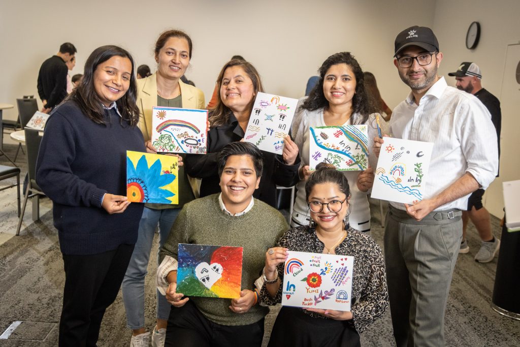 Shailee (front row, left) pictured with other Nepali scholars after participating in an Indigenous art workshop under the guidance of a First Nations artist during the 2025 Australia Awards – South Asia and Mongolia Scholars Symposium in Melbourne.