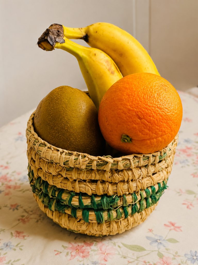 Nepali scholar Pushpa Gnawali put her finished basket to good use following the workshop.