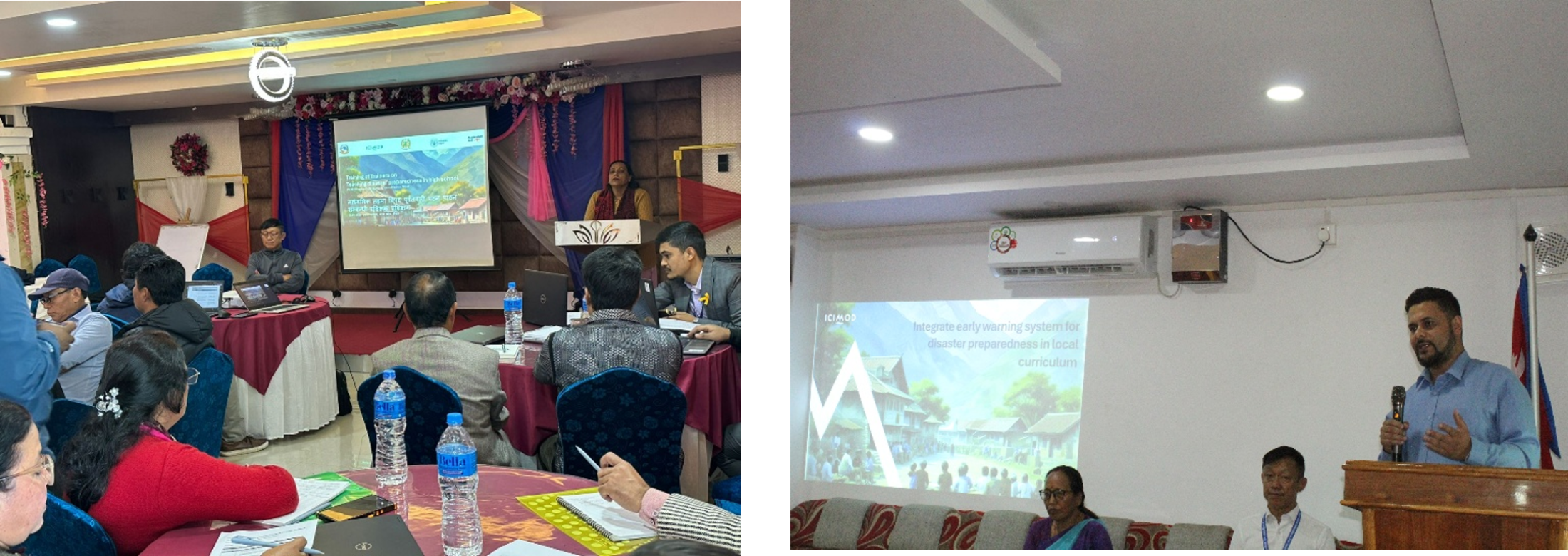 Photos capturing stakeholder discussions and collaborative interactions on integrating Early Warning Systems into school-level Disaster Risk Reduction.