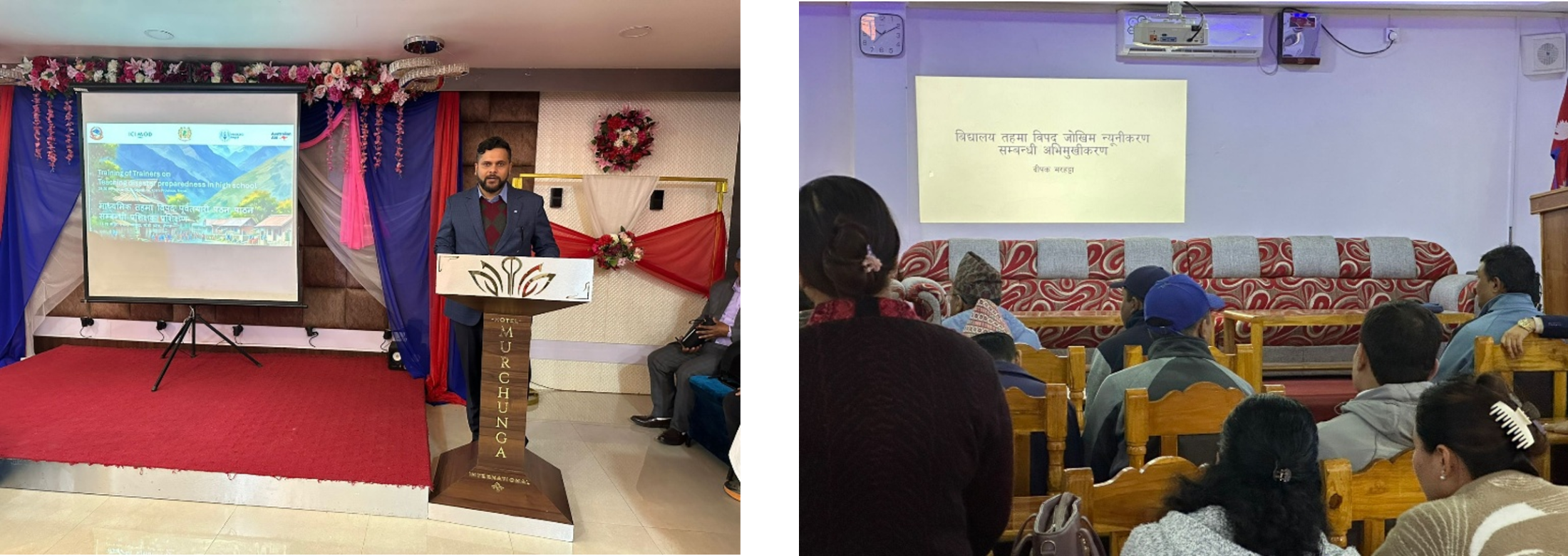 Photos capturing stakeholder discussions (with Bikas featured on the left) and collaborative interactions on integrating Early Warning Systems into school-level Disaster Risk Reduction.