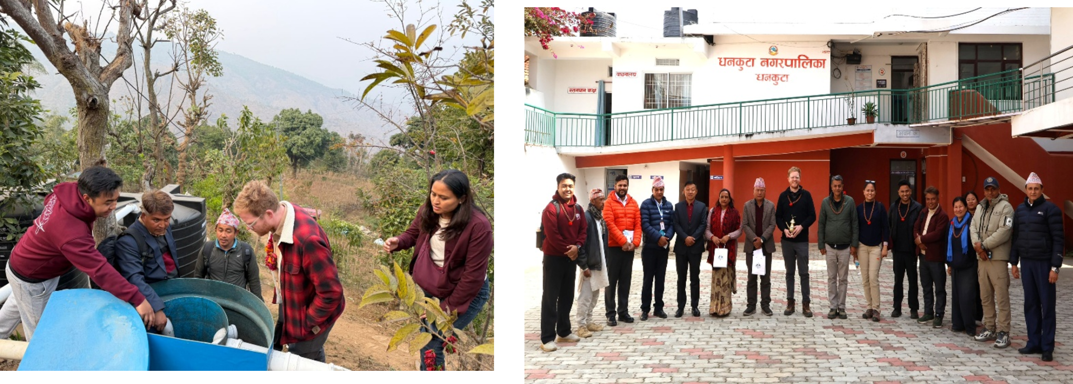 Snapshots from the visit of Dylan Jones-Virma (second from right in the left image, centre in the right image), Head of Development at the Australian Embassy in Kathmandu, to Dhankuta, (with Bikas featured third from left in the right image) highlighting engagement with local stakeholders and ongoing development initiatives. 