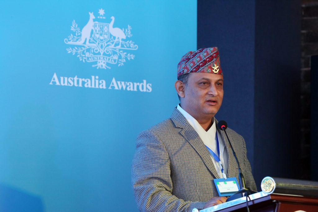 Alum Dr Bimal Raj Regmi presenting his work at the 2023 Regional Alumni Workshop in Ulaanbaatar, Mongolia, on the theme of 'Buidling back better: Climate Resilience and Green Economic Recover.
